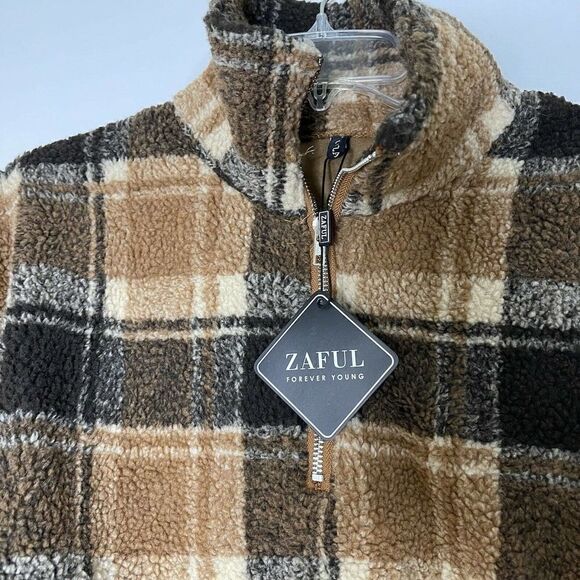 New! Zaful Brown plaid fuzzy pullover cropped teddy sweater size large - Picture 6 of 7